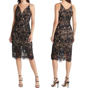 Dress the Population “Aurora” Black Lace Sheath Midi dress, size small